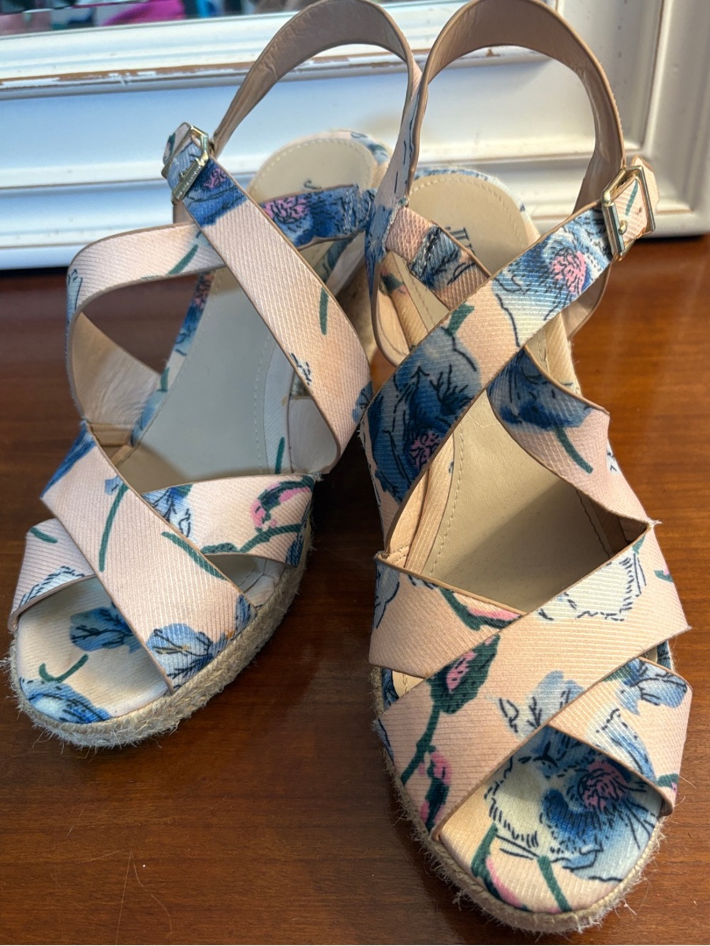 JustFab Pink Floral Espadrille Wedge Sandals